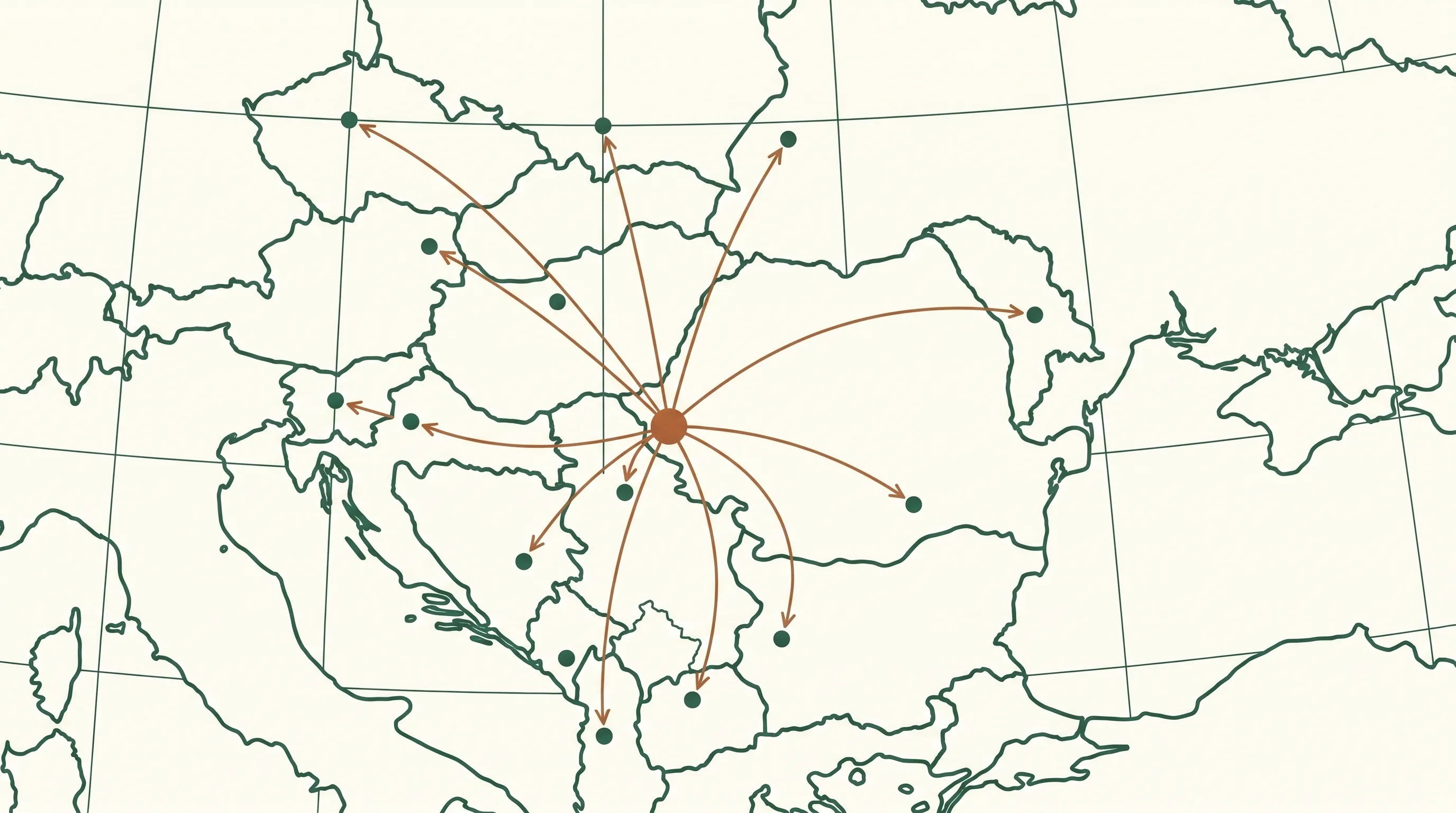 Ilustrație — rețea regională cu distribuție din Timișoara către parteneri din Europa Centrală și de Est