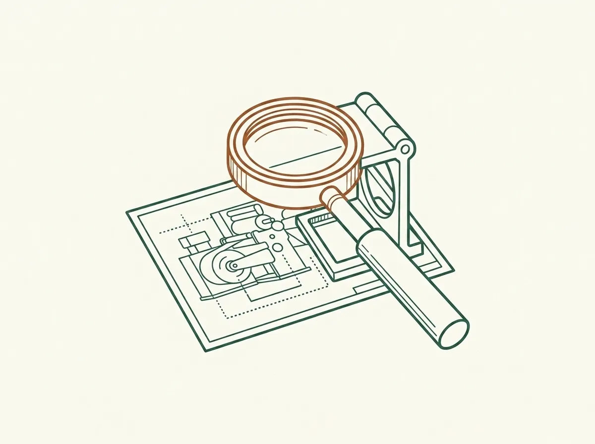 Ilustrație — pasul 1, consultanță: lupă peste un plan tehnic